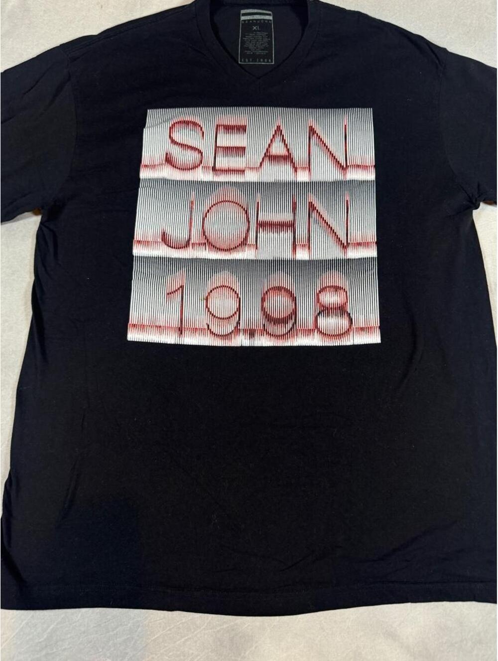Sean John 1998 Optical Graphic Black V Neck T Shirt XL Hip Hop Streetwear